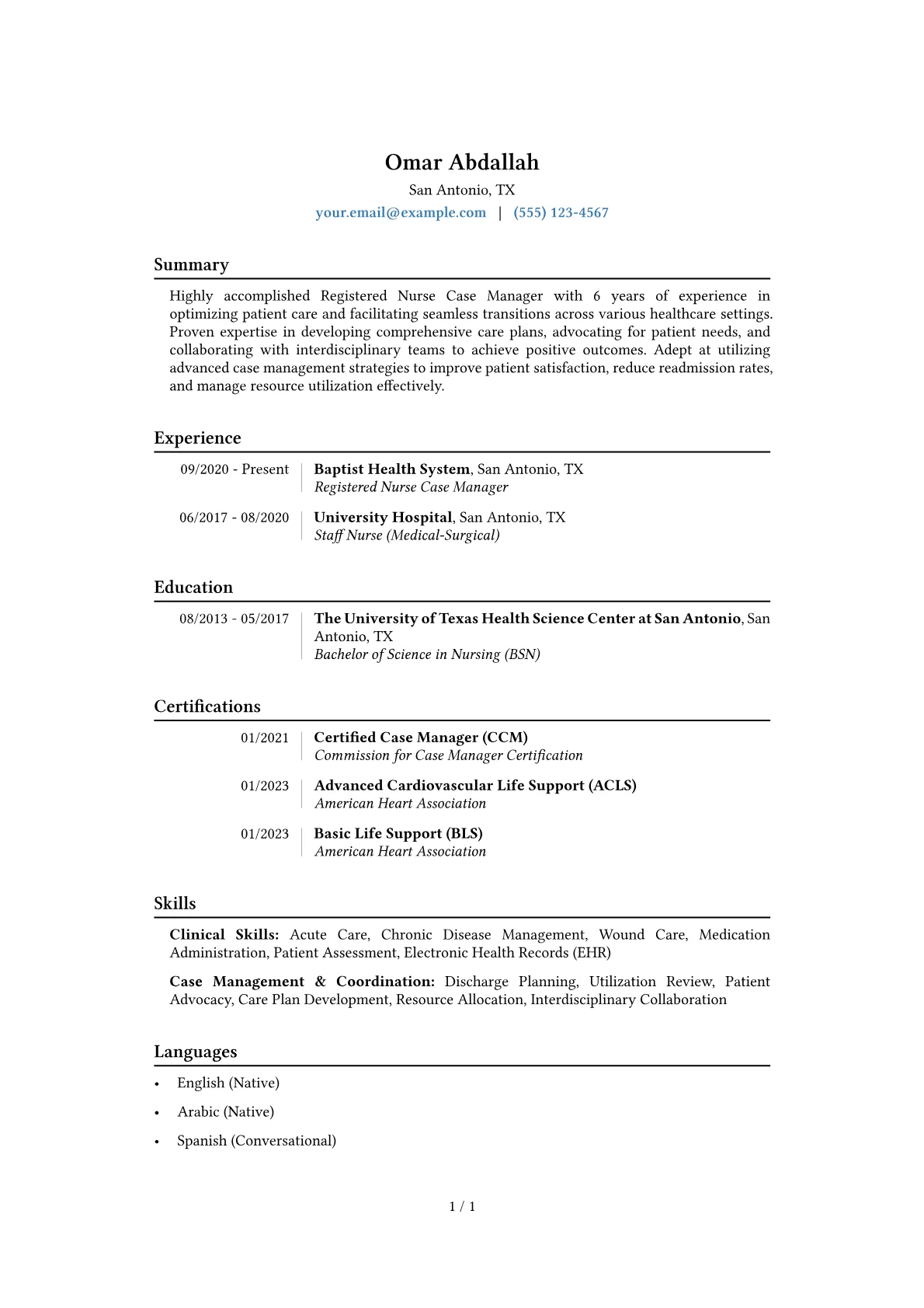 Registered Nurse Case Manager Resume Example CV template - Page 1
