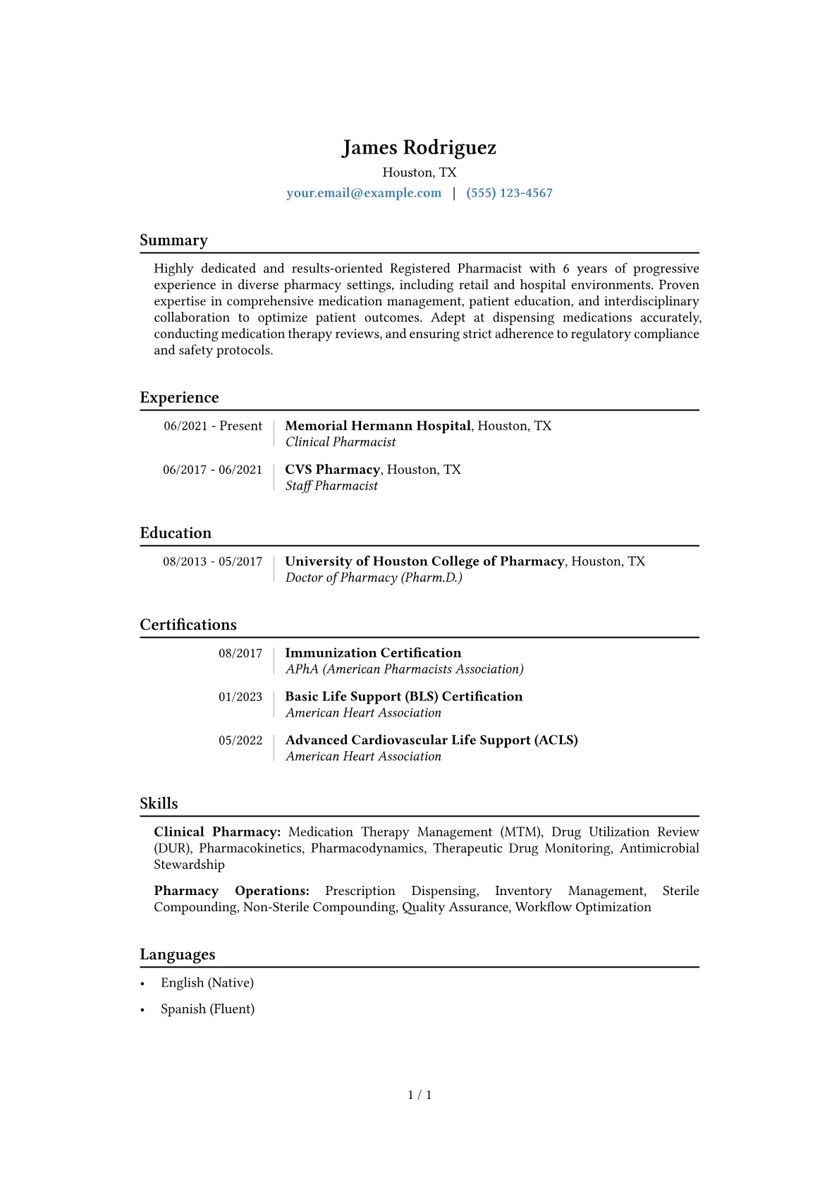 Registered Pharmacist Resume Example CV template - Page 1