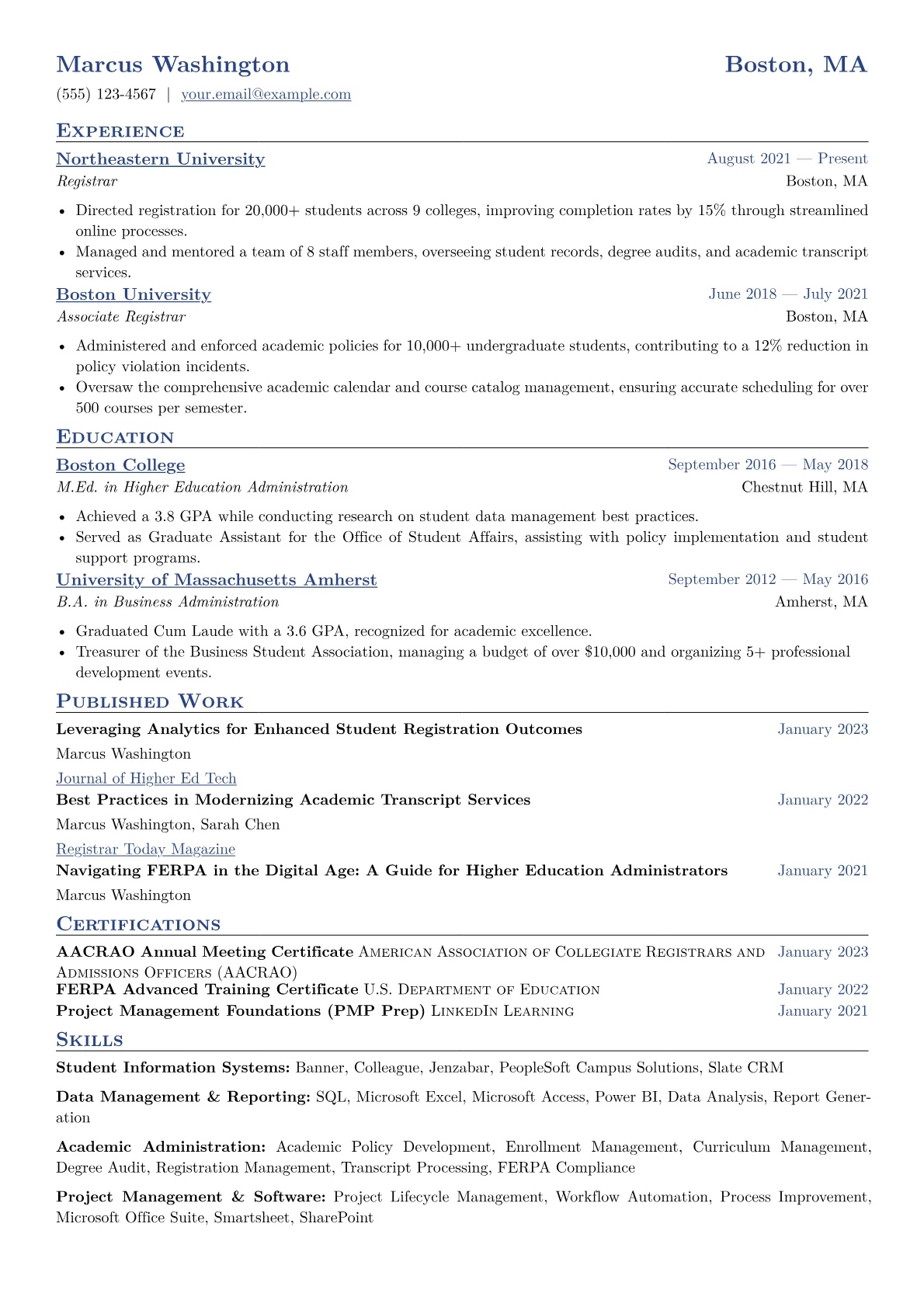 Registrar Resume Example CV template - Page 1