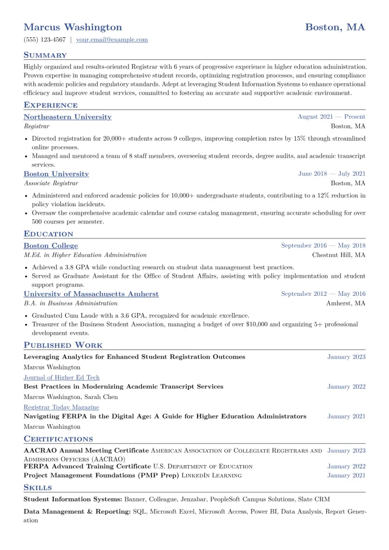 Registrar Resume Example