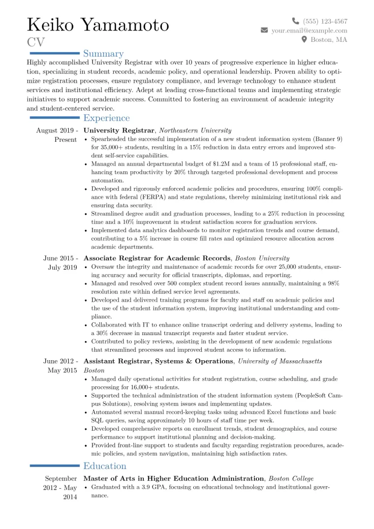 Registrar University Resume Example CV template preview