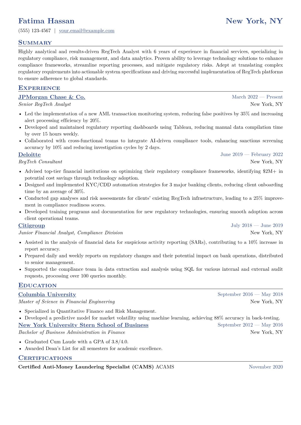 RegTech Analyst Resume Example CV template - Page 1