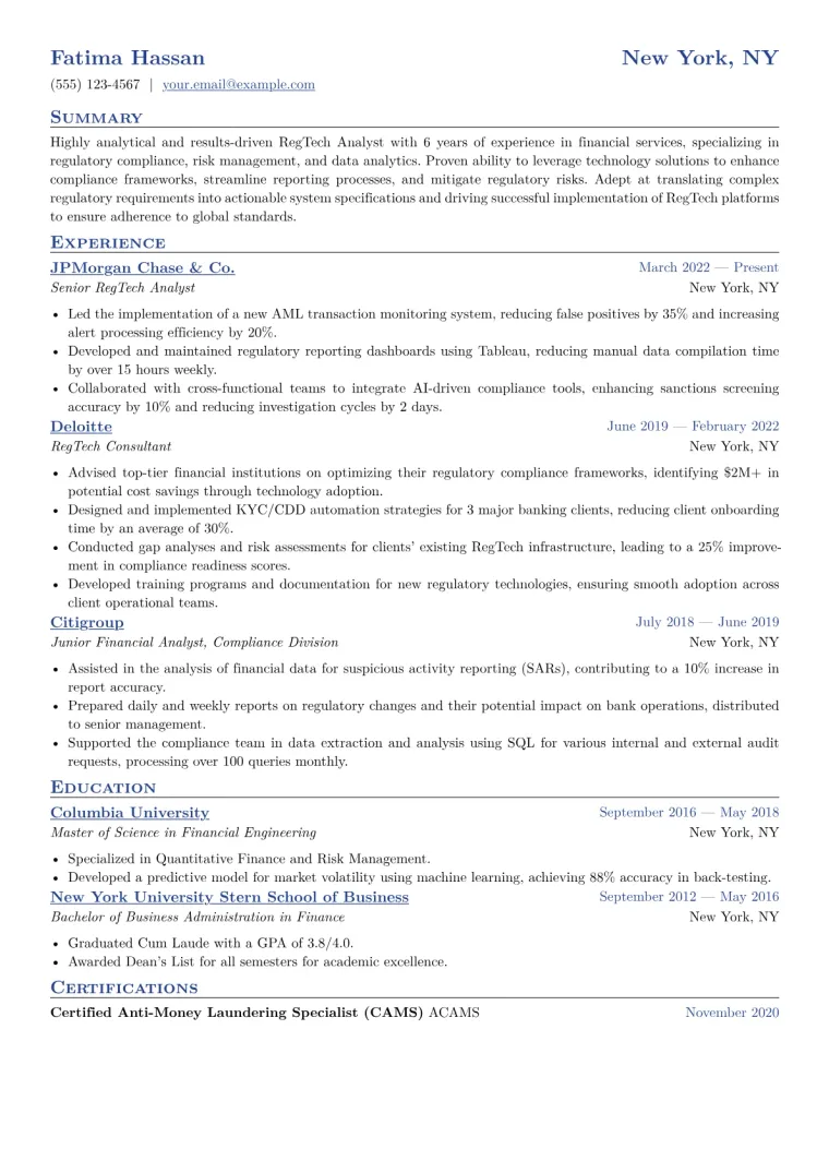 RegTech Analyst Resume Example CV template preview