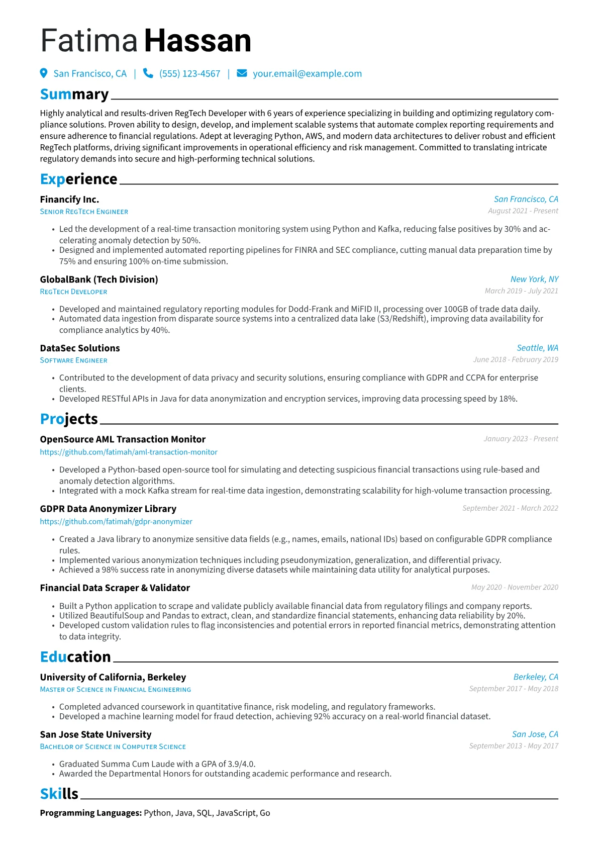 RegTech Developer Resume Example CV template - Page 1