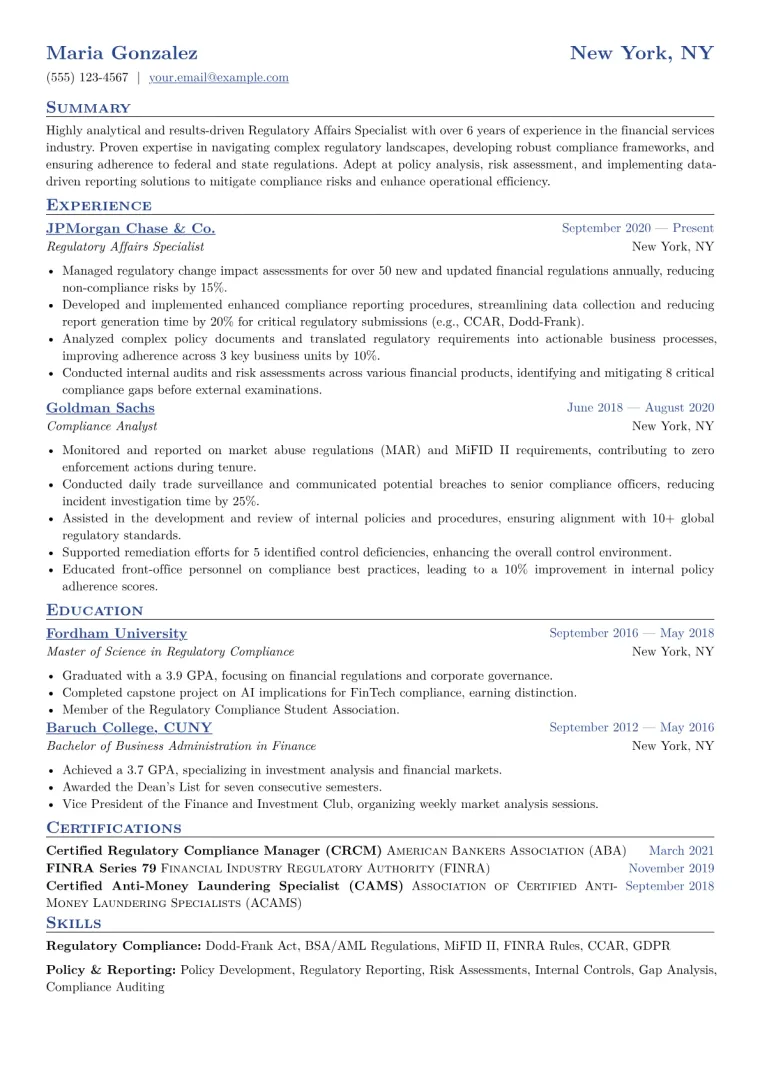Regulatory Affairs Specialist Resume Example CV template preview
