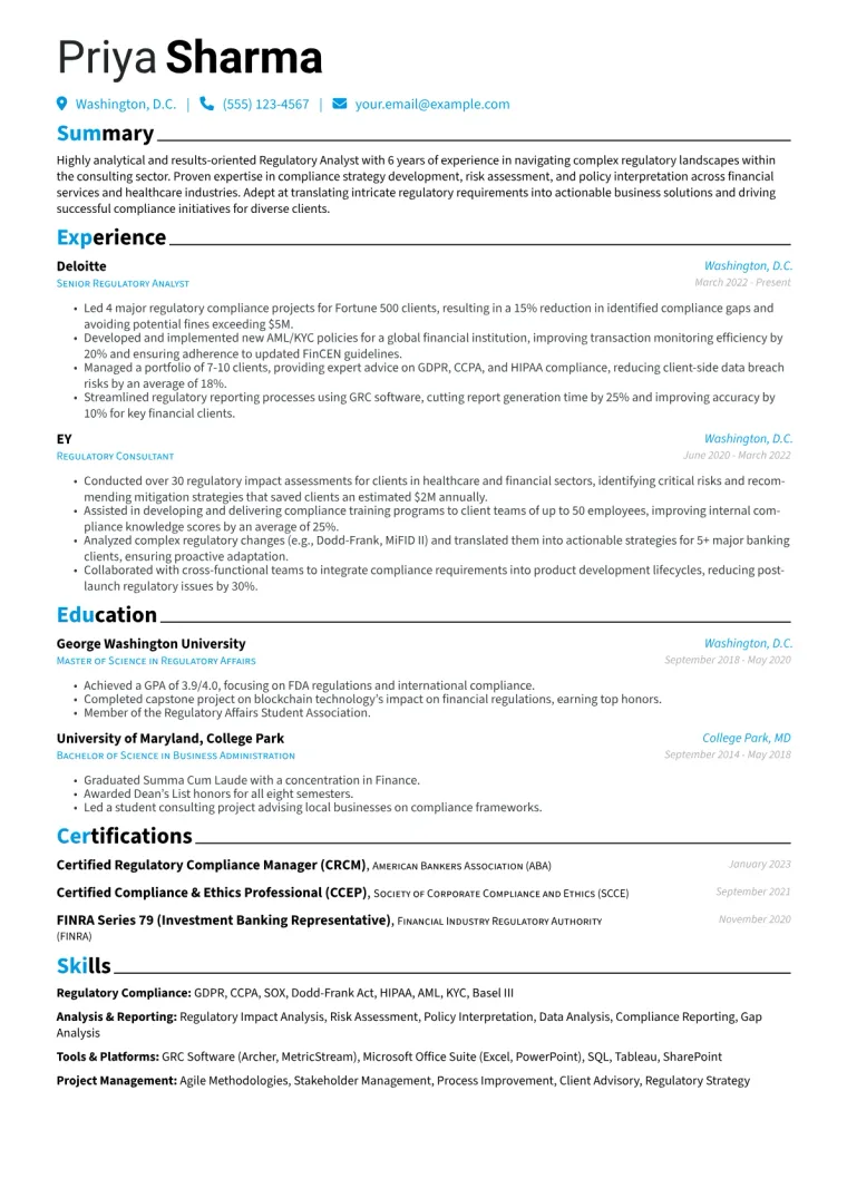 Regulatory Analyst Resume Example CV template preview