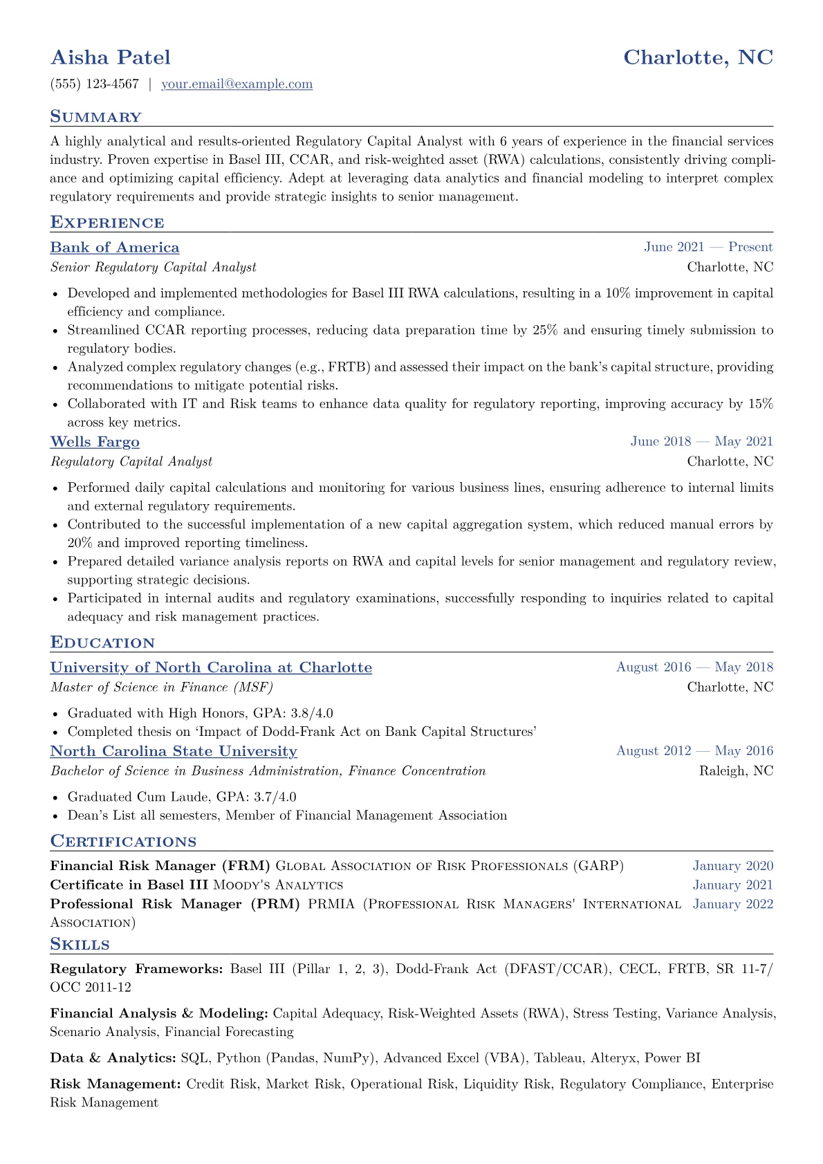 Regulatory Capital Analyst Resume Example CV template - Page 1