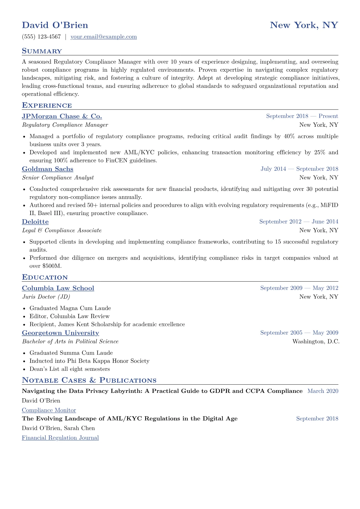 Regulatory Compliance Manager Resume Example CV template - Page 1
