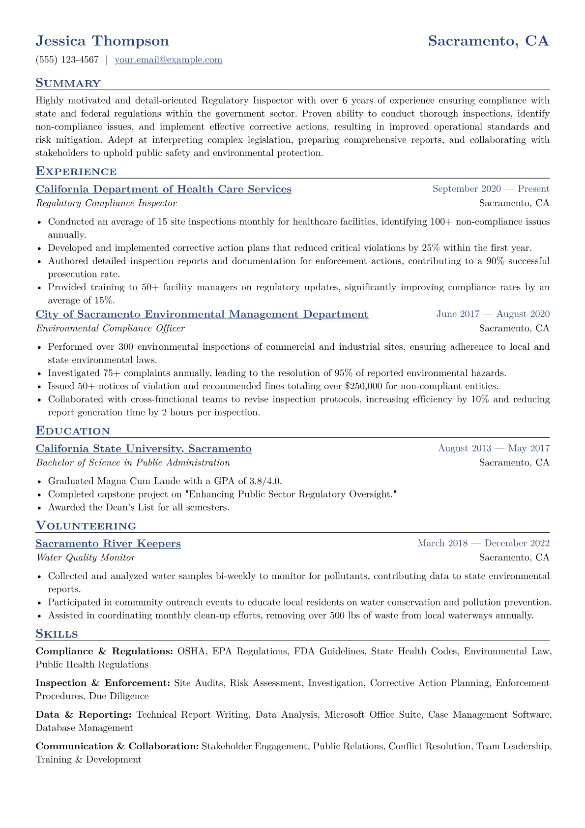Regulatory Inspector Resume Example CV template - Page 1