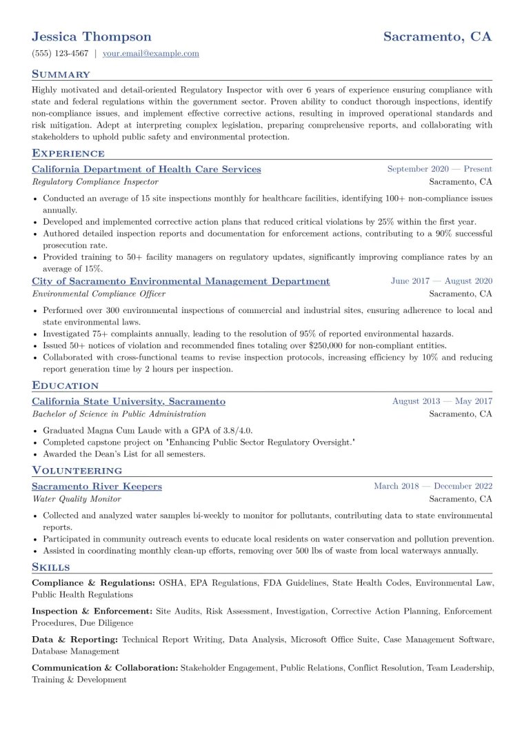 Regulatory Inspector Resume Example CV template preview