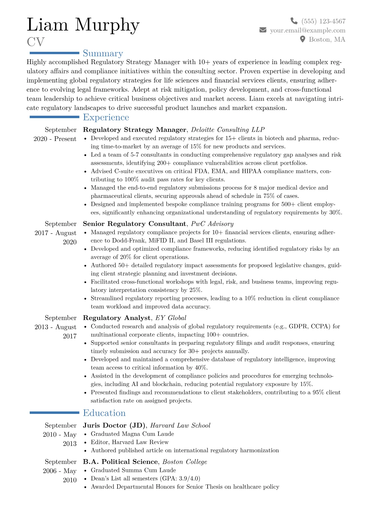 Regulatory Strategy Manager Resume Example CV template - Page 1