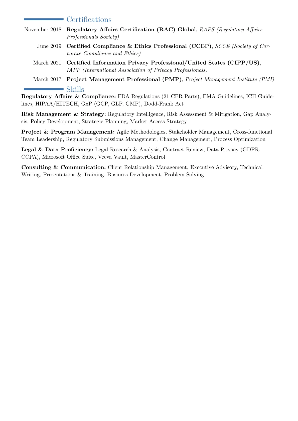 Regulatory Strategy Manager Resume Example CV template - Page 2