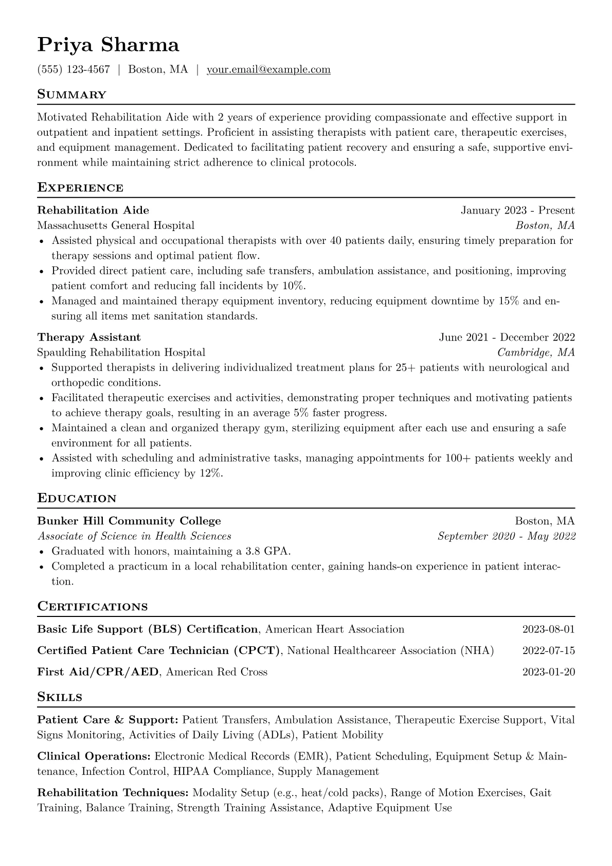 Rehabilitation Aide Resume Example CV template - Page 1