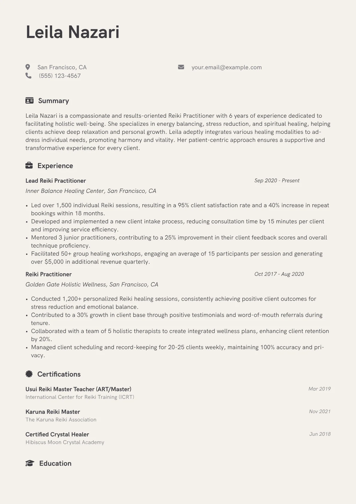 Reiki Practitioner Resume Example CV template - Page 1