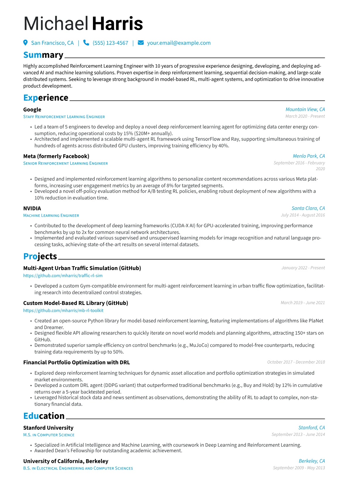 Reinforcement Learning Engineer Resume Example CV template - Page 1