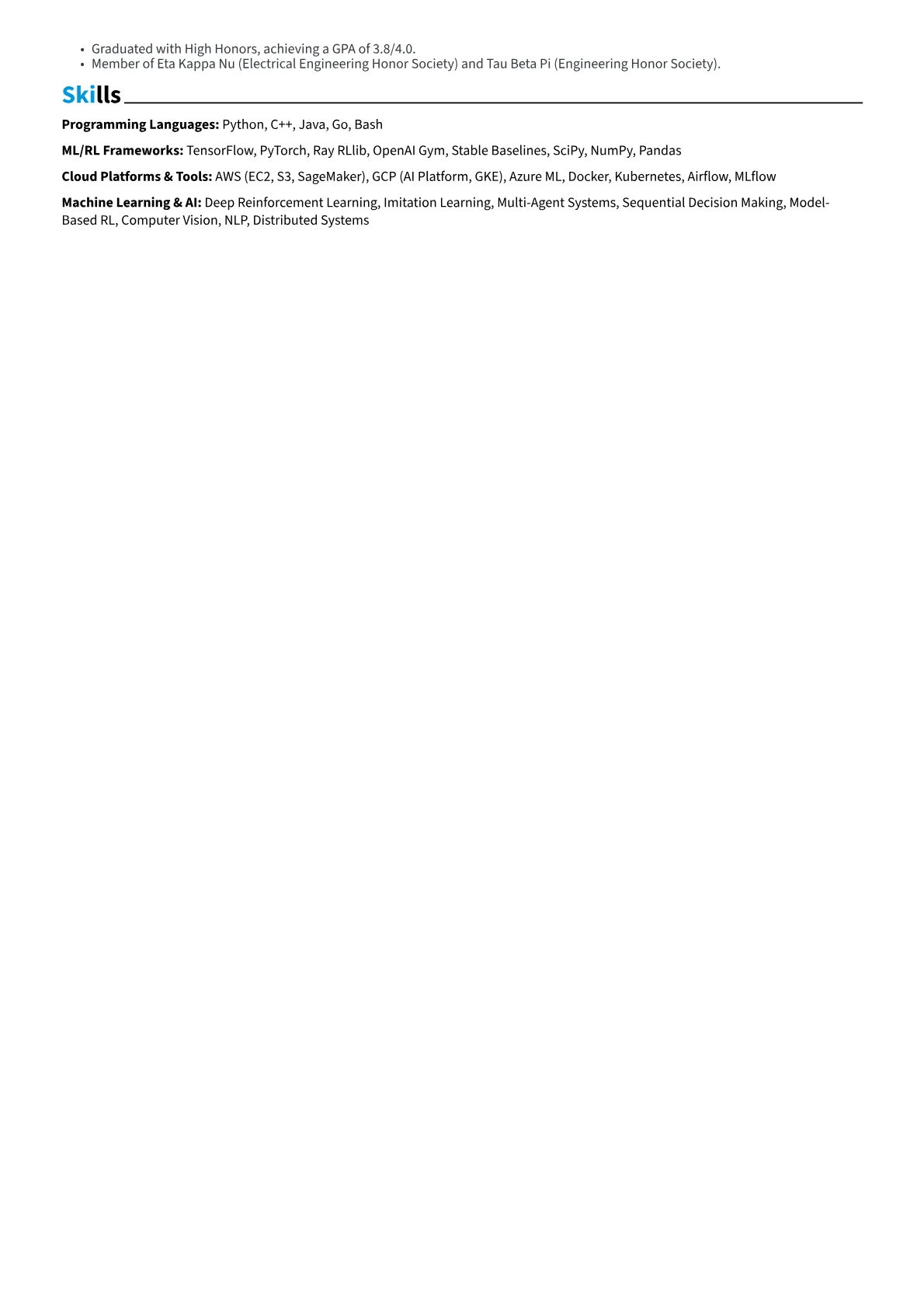 Reinforcement Learning Engineer Resume Example CV template - Page 2