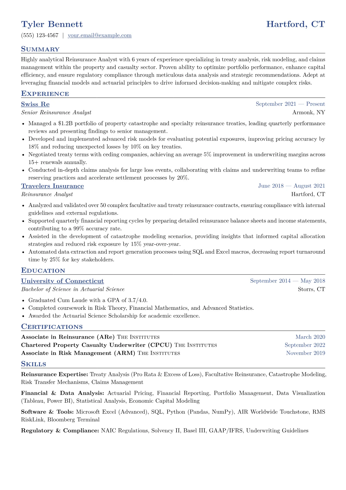 Reinsurance Analyst Resume Example CV template - Page 1