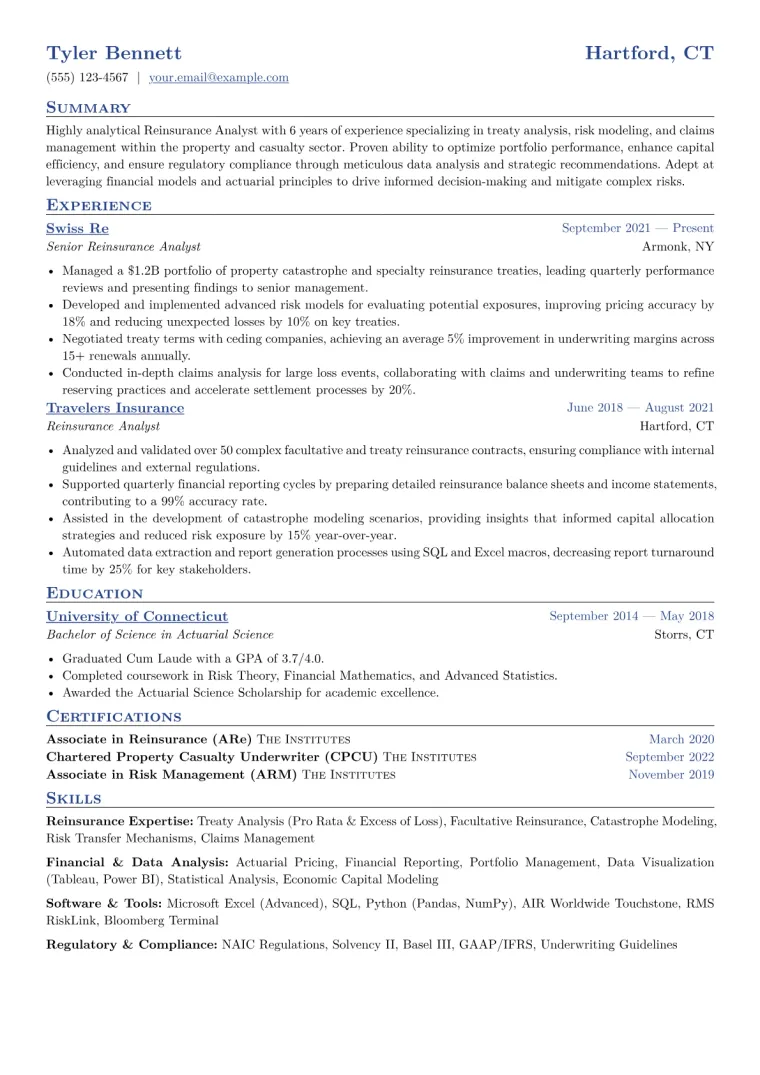 Reinsurance Analyst Resume Example CV template preview