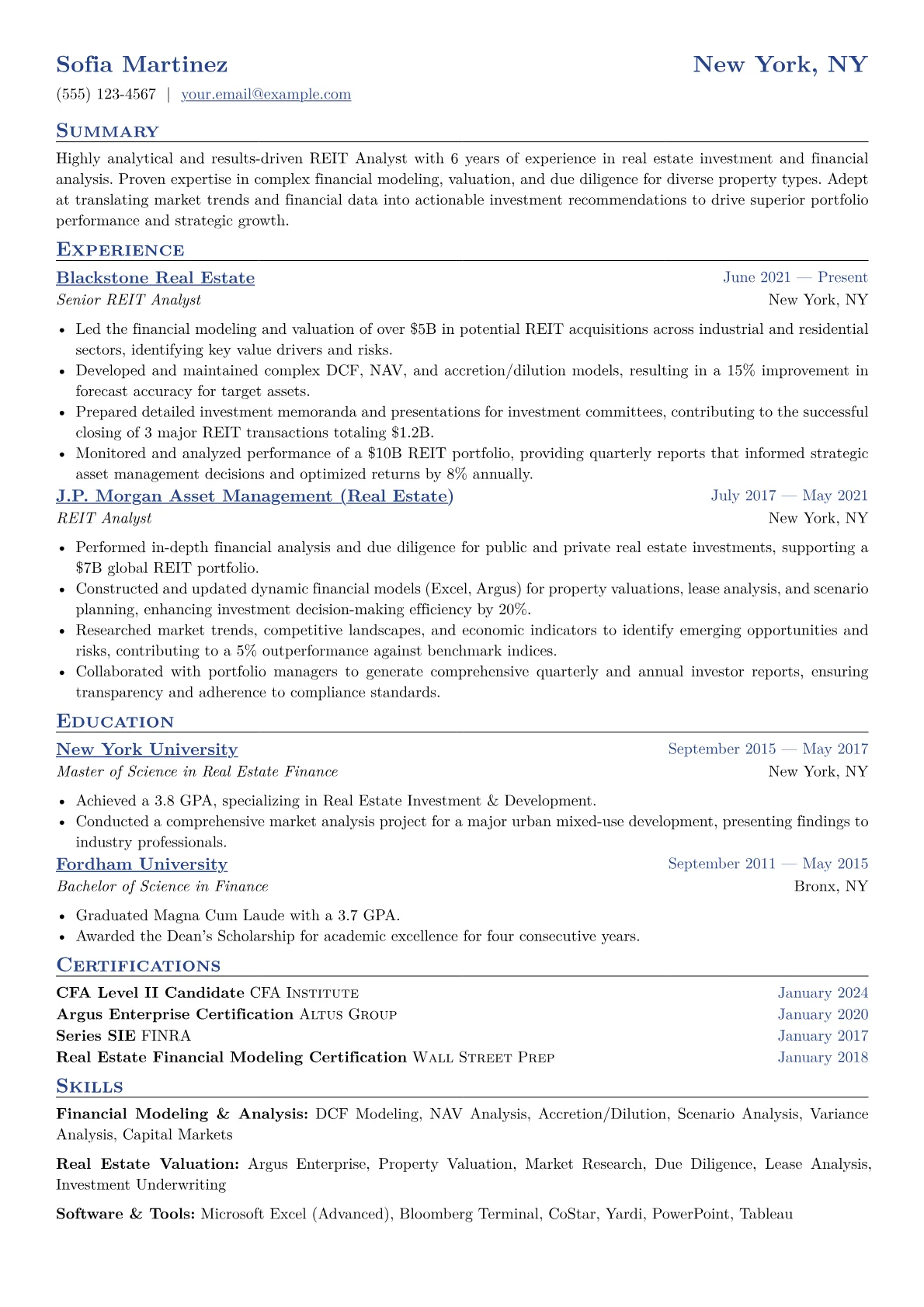 REIT Analyst Resume Example CV template - Page 1