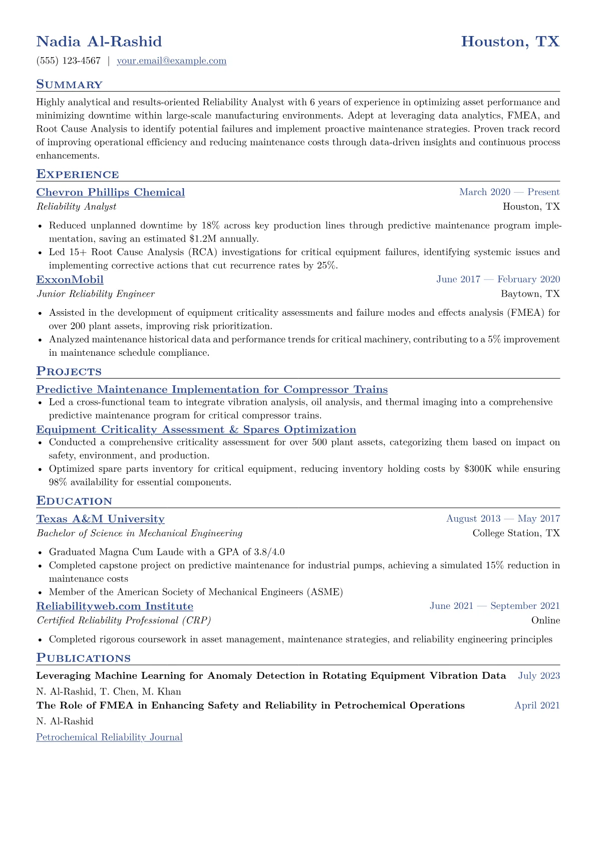 Reliability Analyst Resume Example CV template - Page 1