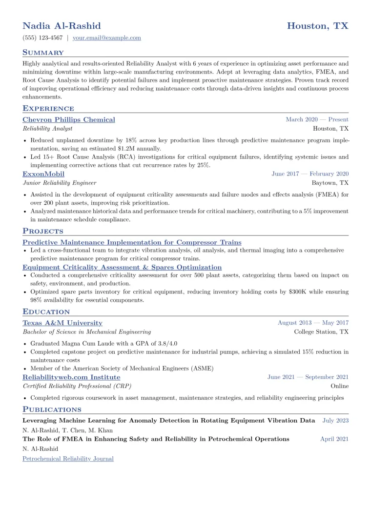 Reliability Analyst Resume Example CV template preview