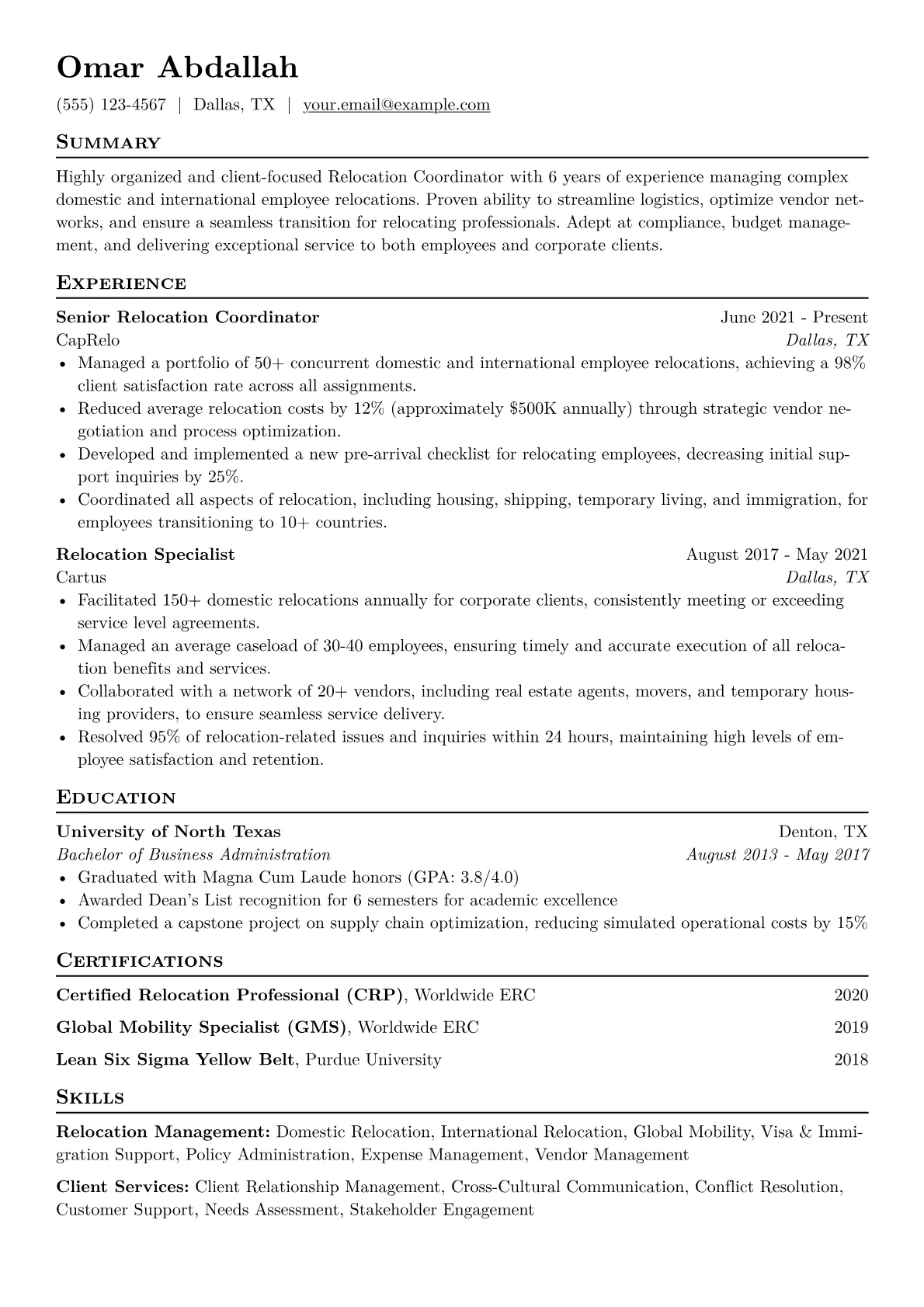 Relocation Coordinator Resume Example CV template - Page 1