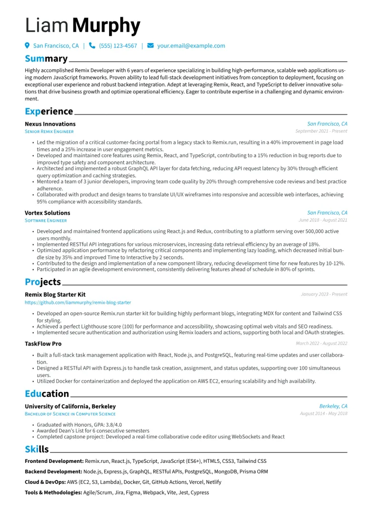 Remix Developer Resume Example CV template preview