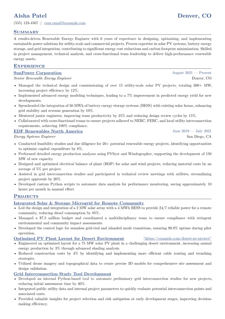 Renewable Energy Engineer Resume Example CV template preview