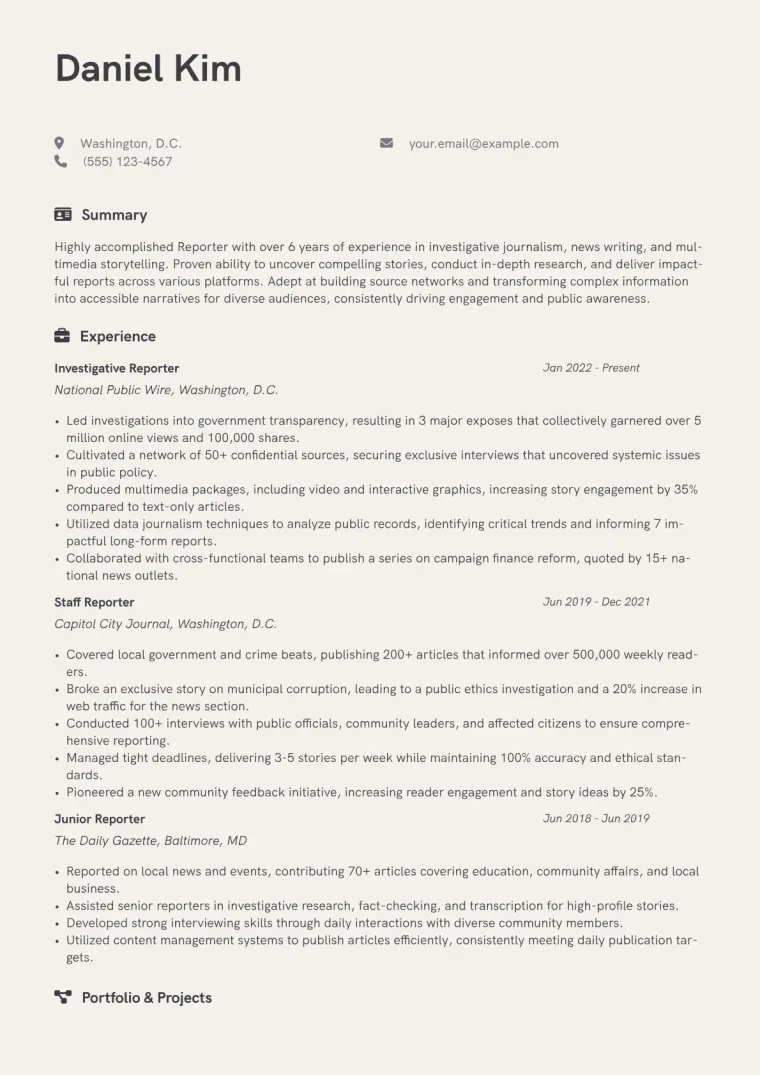 Reporter Resume Example CV template preview