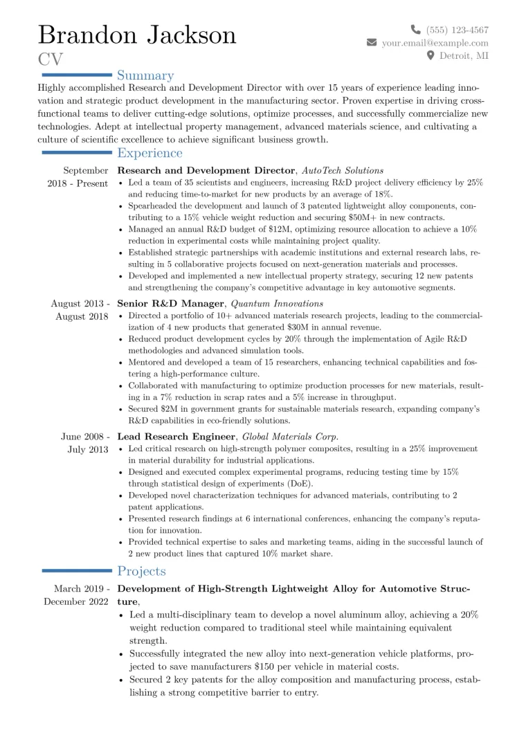 Research and Development Director Resume Example CV template preview