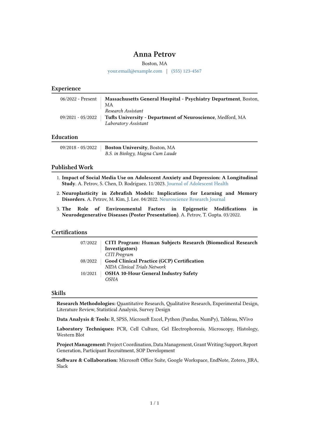 Research Assistant Resume Example CV template - Page 1