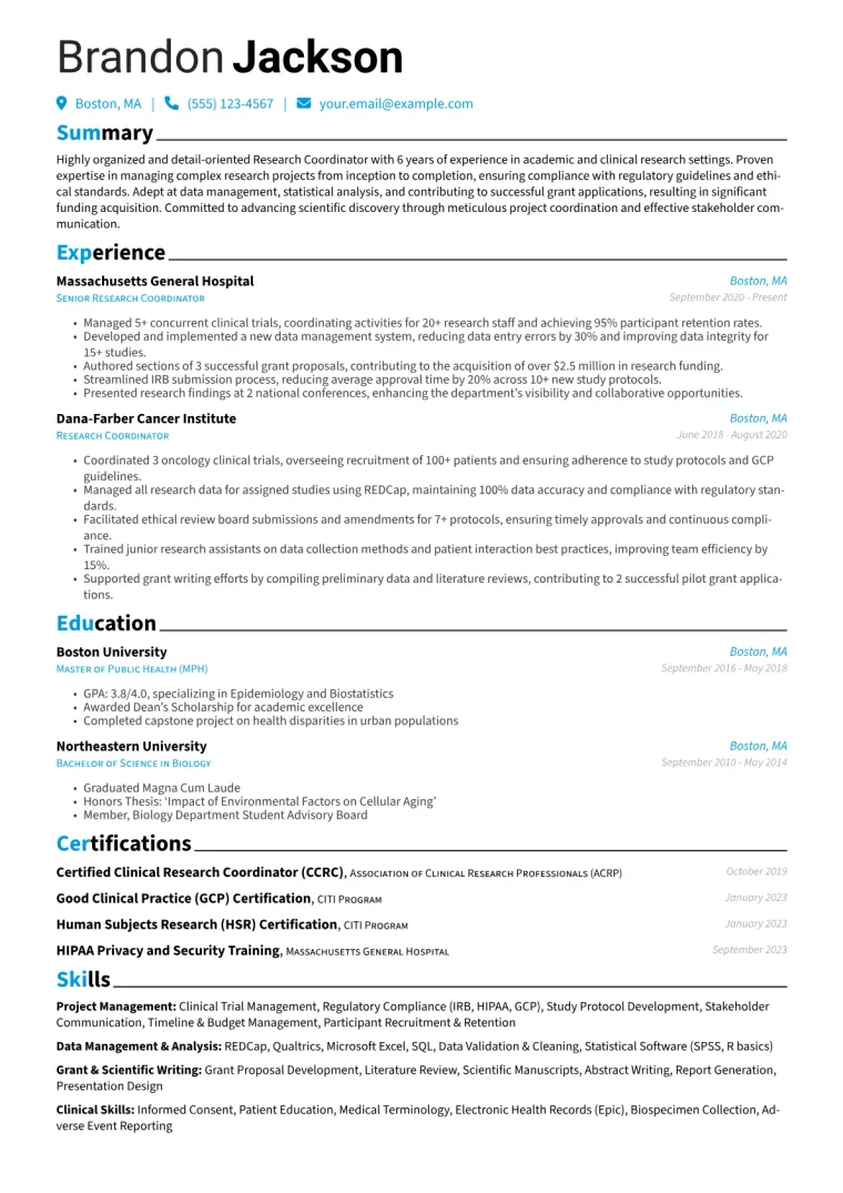 Research Coordinator Resume Example CV template preview
