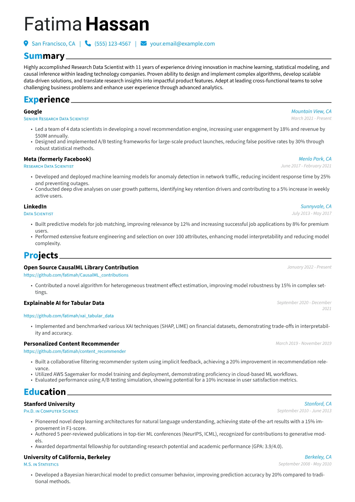 Research Data Scientist Resume Example CV template - Page 1