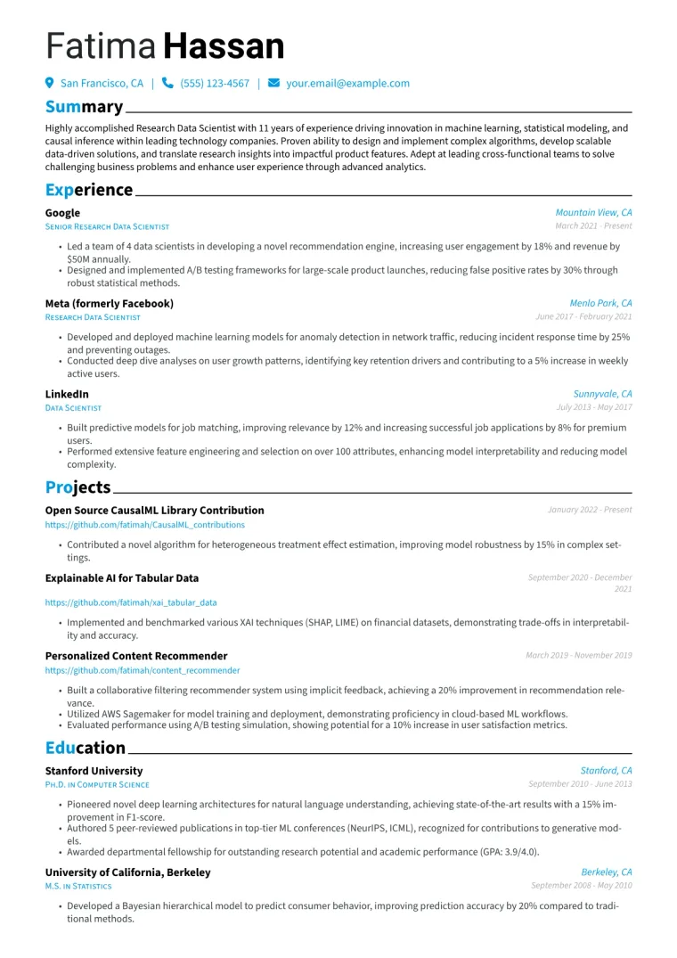 Research Data Scientist Resume Example CV template preview