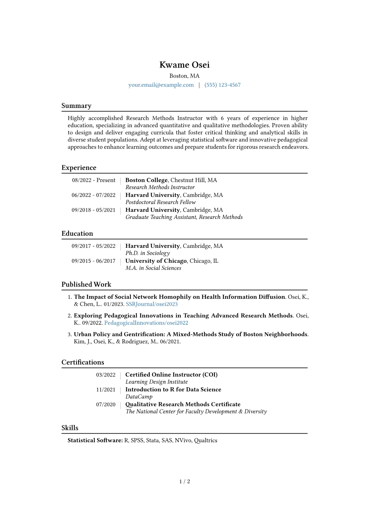 Research Methods Instructor Resume Example CV template - Page 1