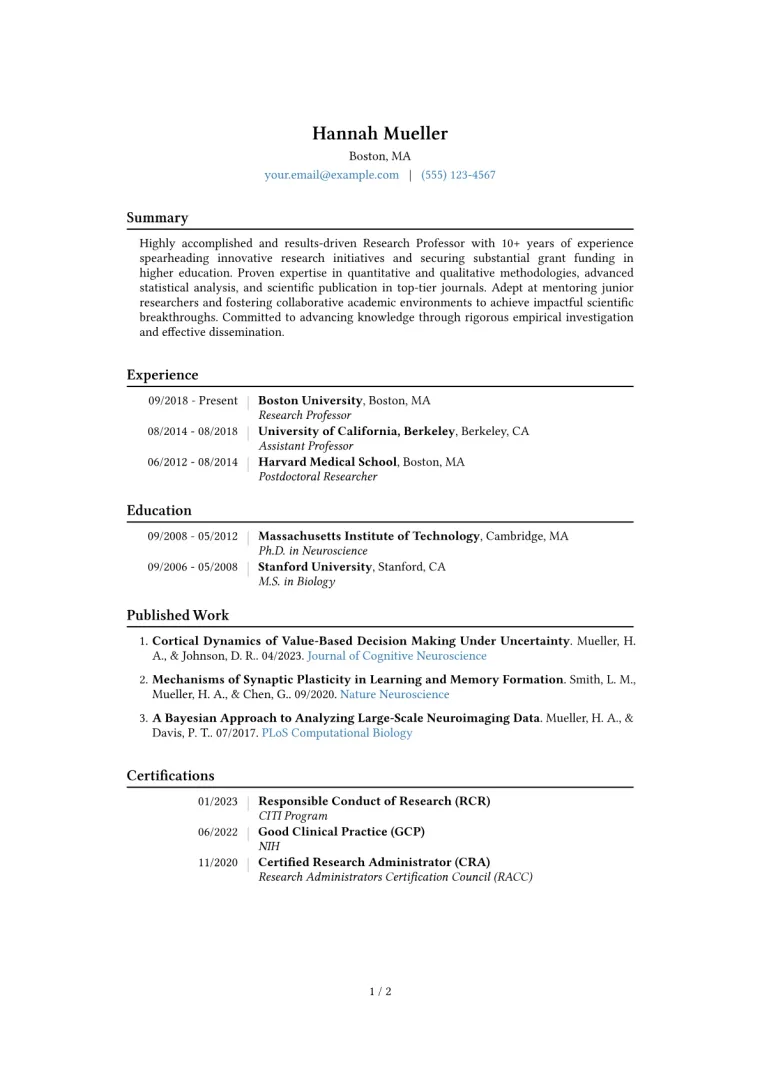 Research Professor Resume Example CV template preview
