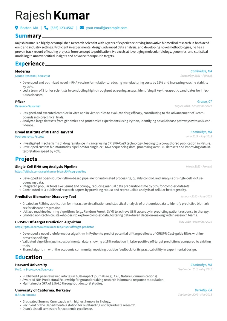 Research Scientist Resume Example CV template preview