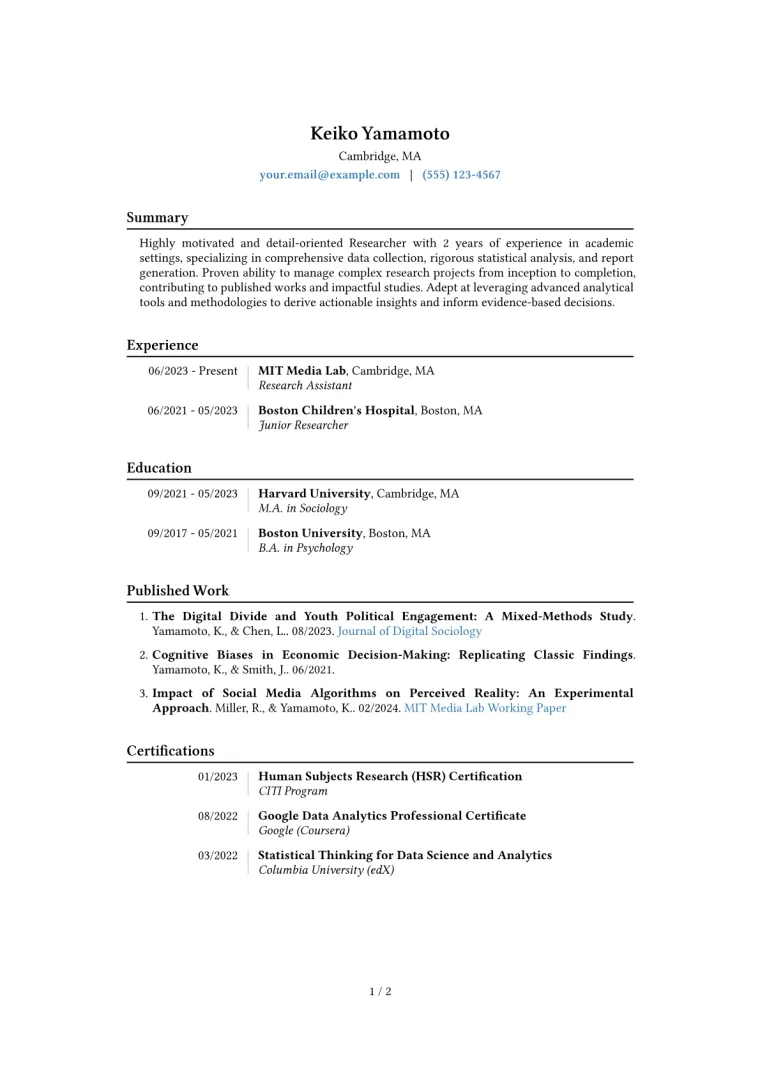 Researcher Resume Example CV template preview