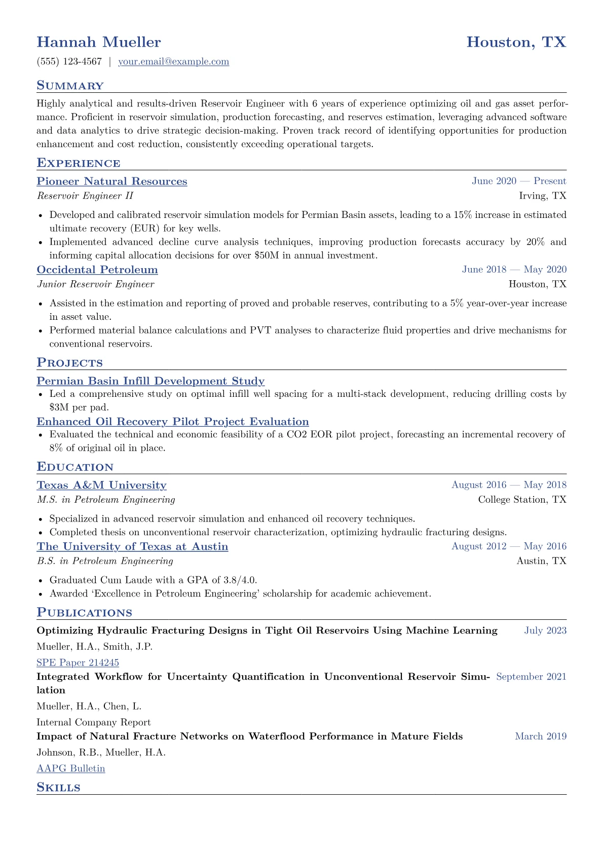 Reservoir Engineer Resume Example CV template - Page 1