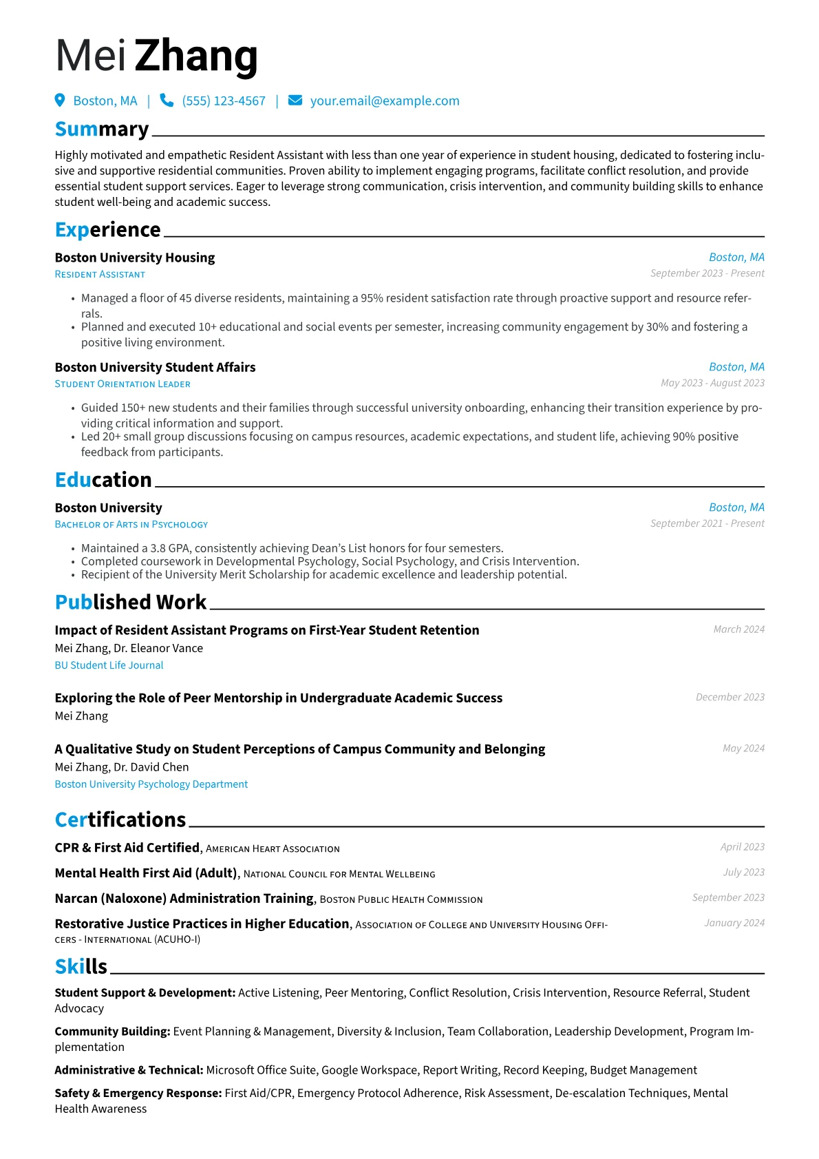 Resident Assistant Resume Example CV template - Page 1