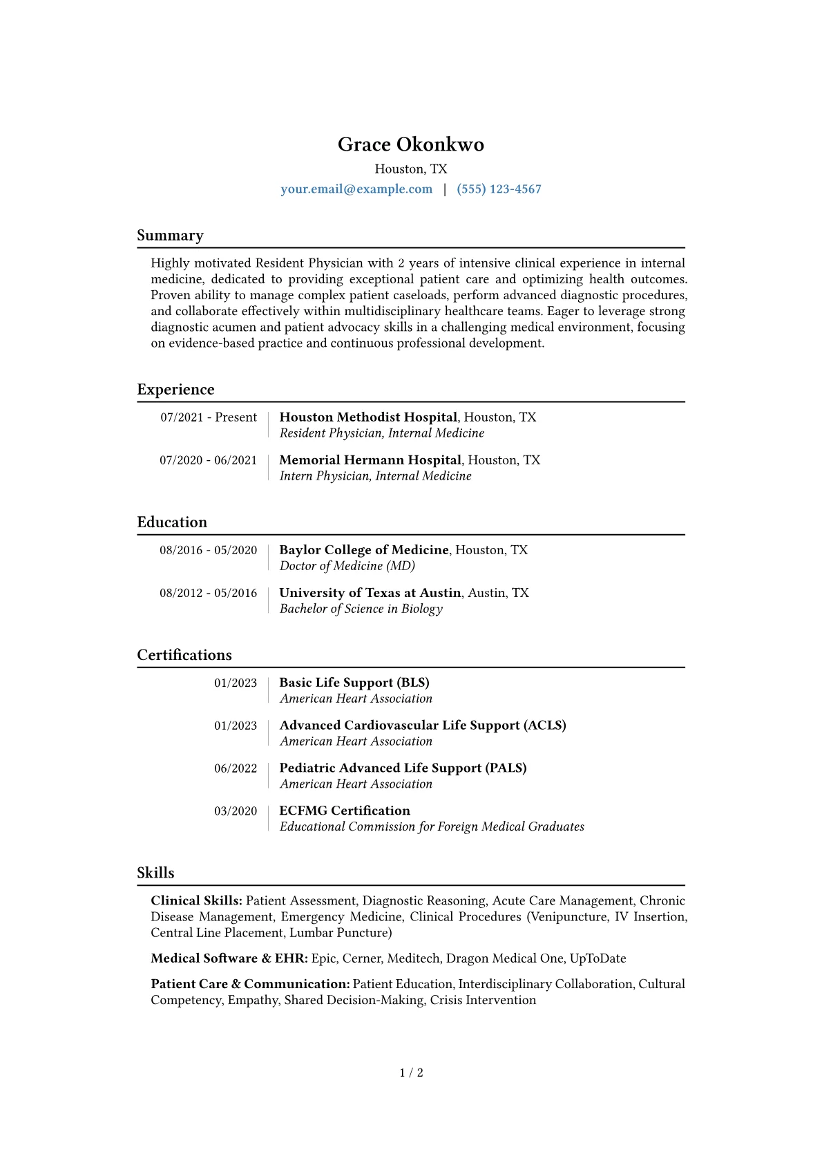 Resident Physician Resume Example CV template - Page 1