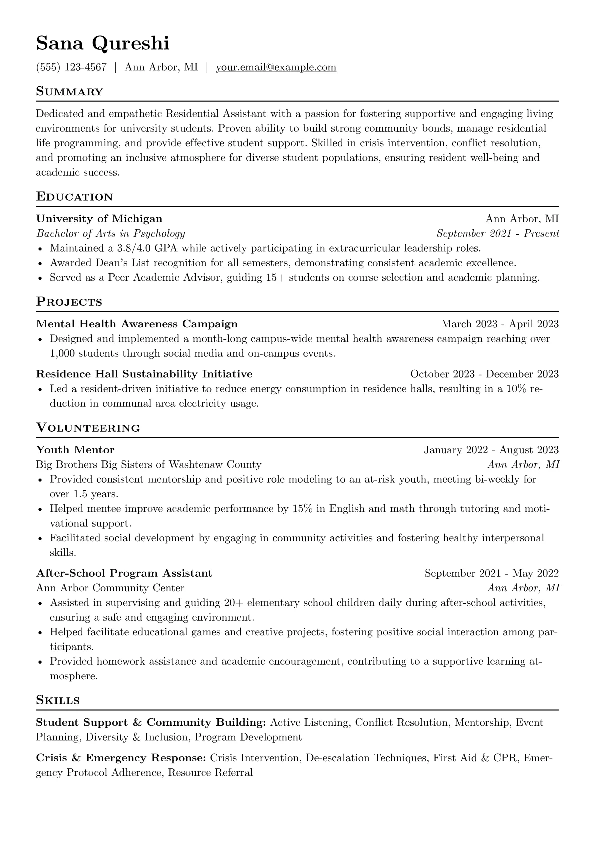 Residential Assistant Resume Example CV template - Page 1