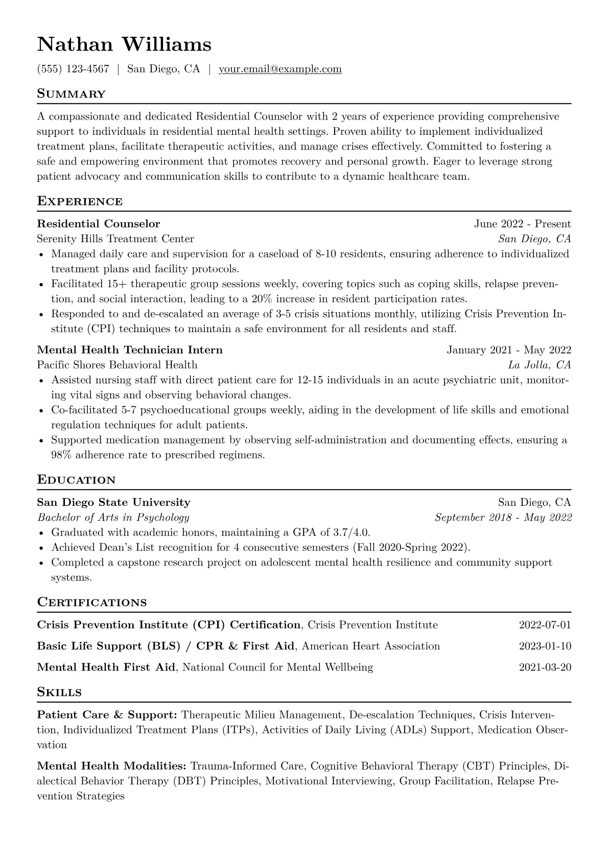 Residential Counselor Resume Example CV template - Page 1