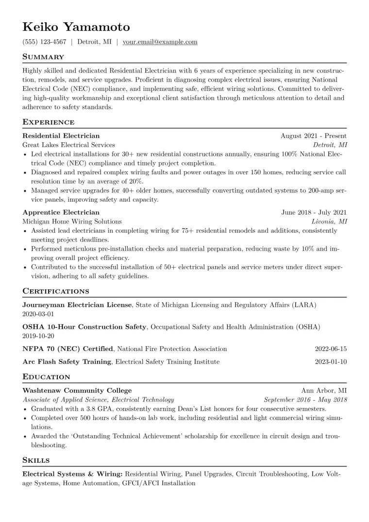 Residential Electrician Resume Example CV template preview