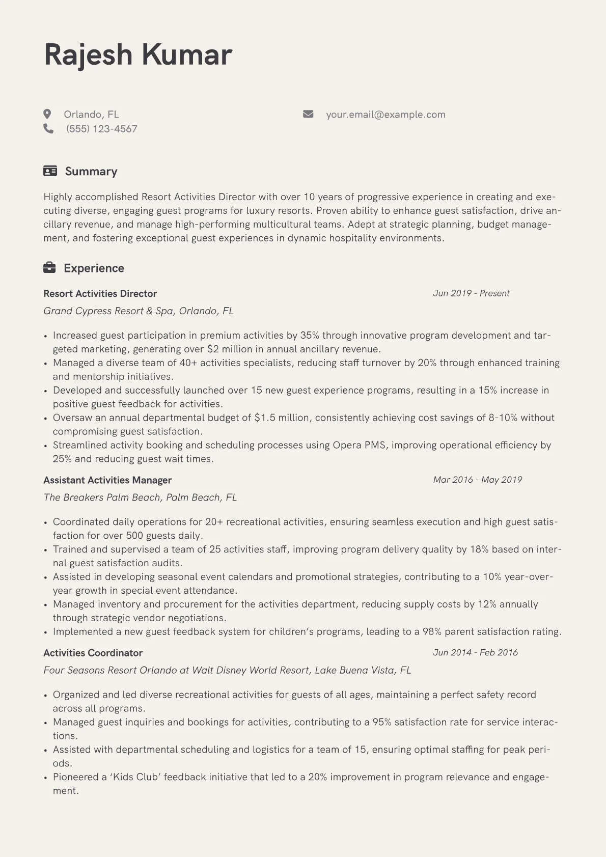 Resort Activities Director Resume Example CV template - Page 1