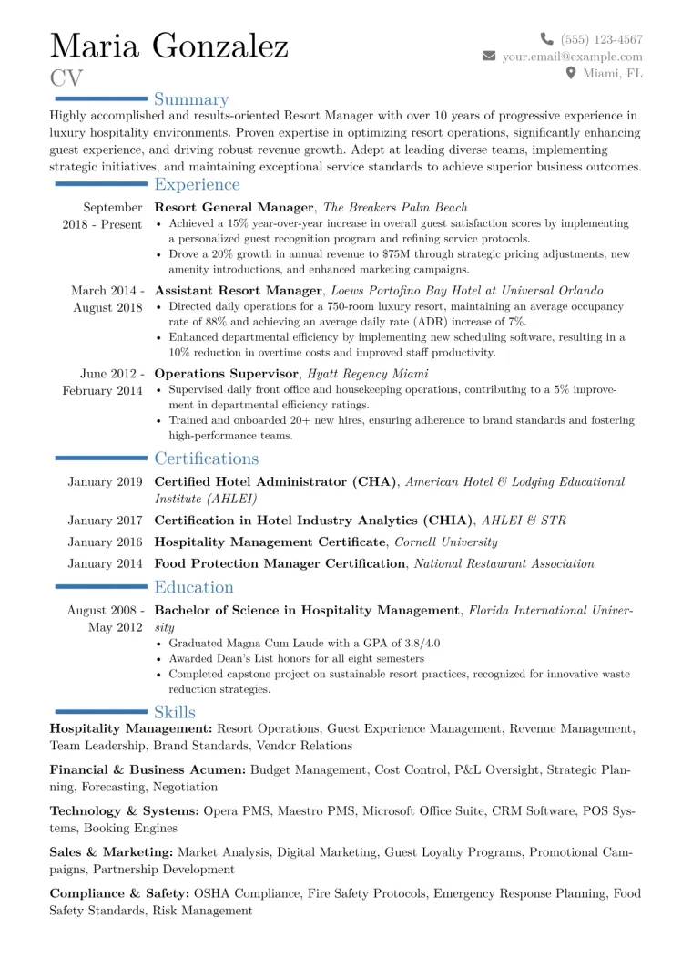 Resort Manager Resume Example CV template preview