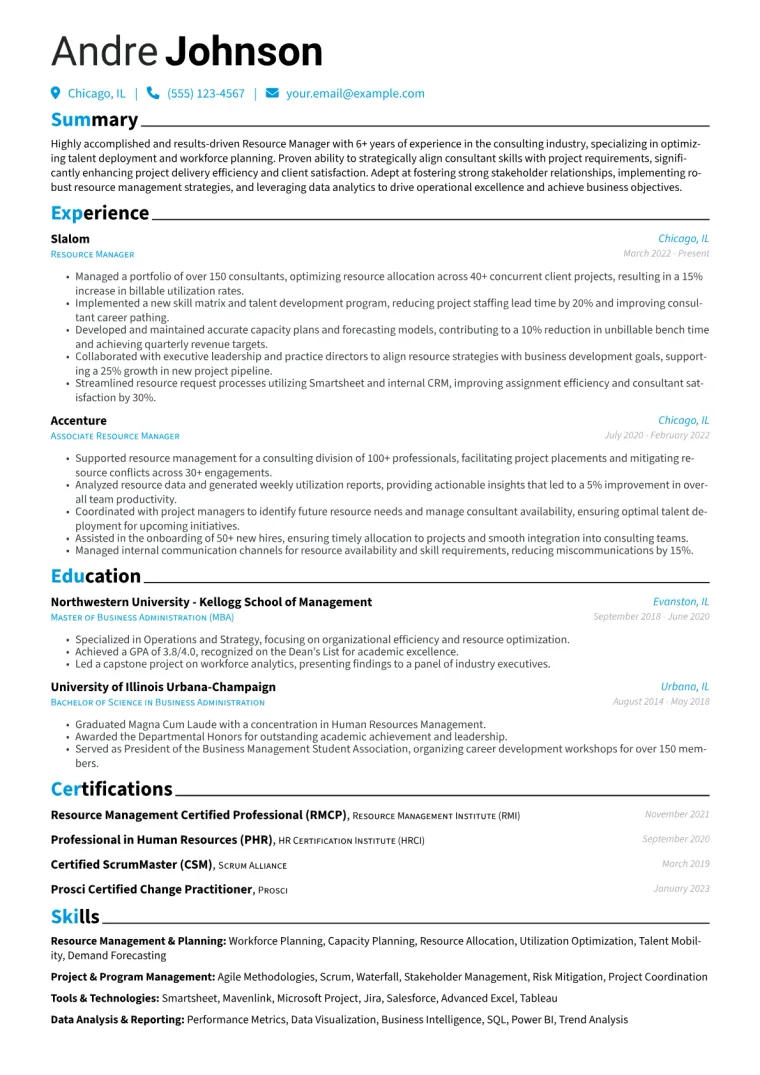 Resource Manager Resume Example CV template preview
