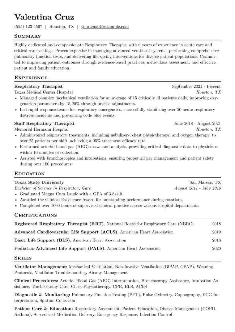 Respiratory Therapist Resume Example