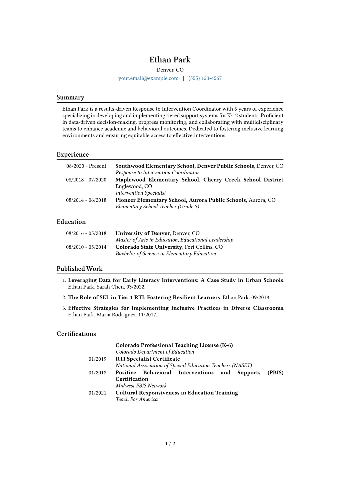 Response to Intervention Coordinator Resume Example CV template - Page 1