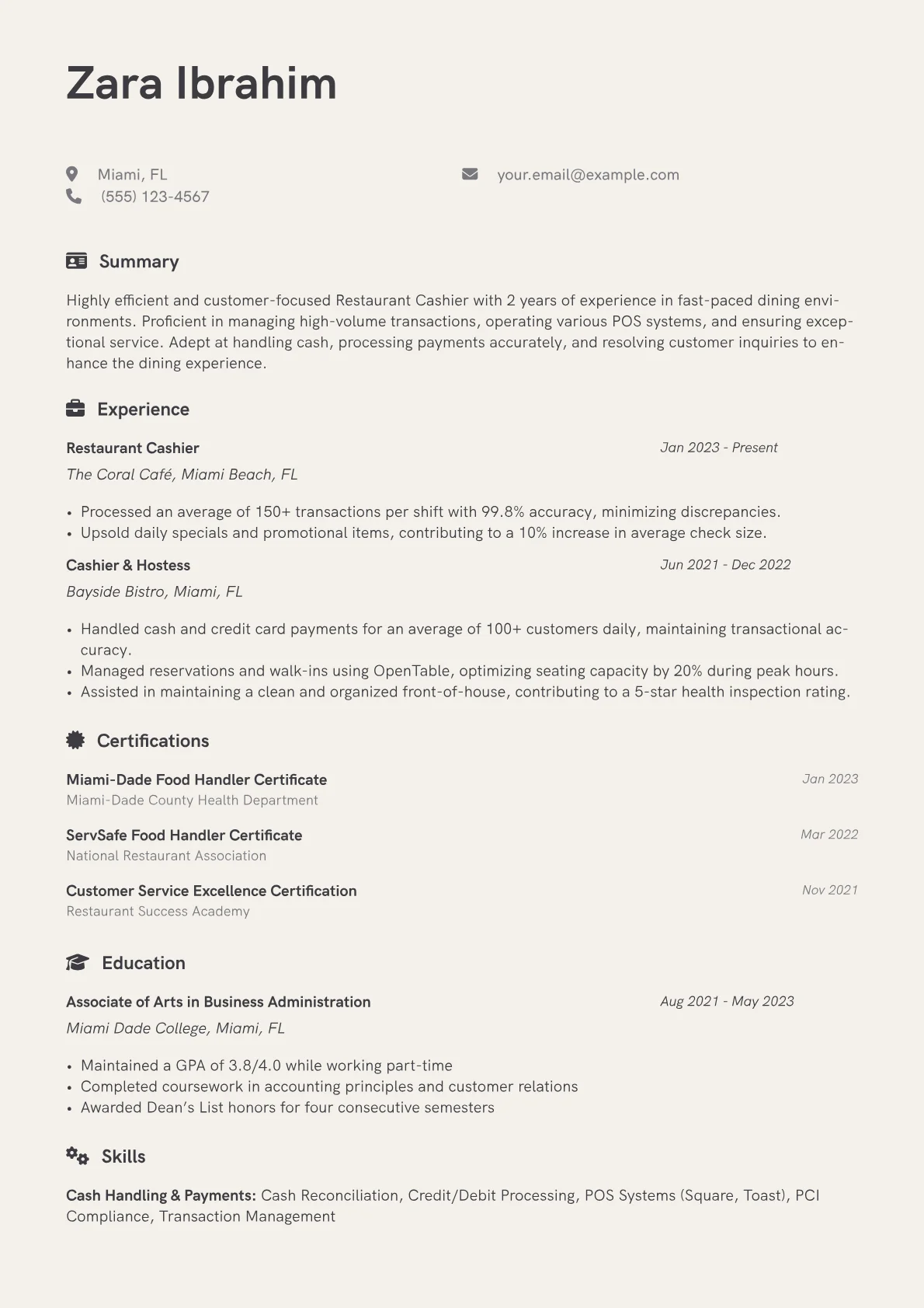 Restaurant Cashier Resume Example CV template - Page 1